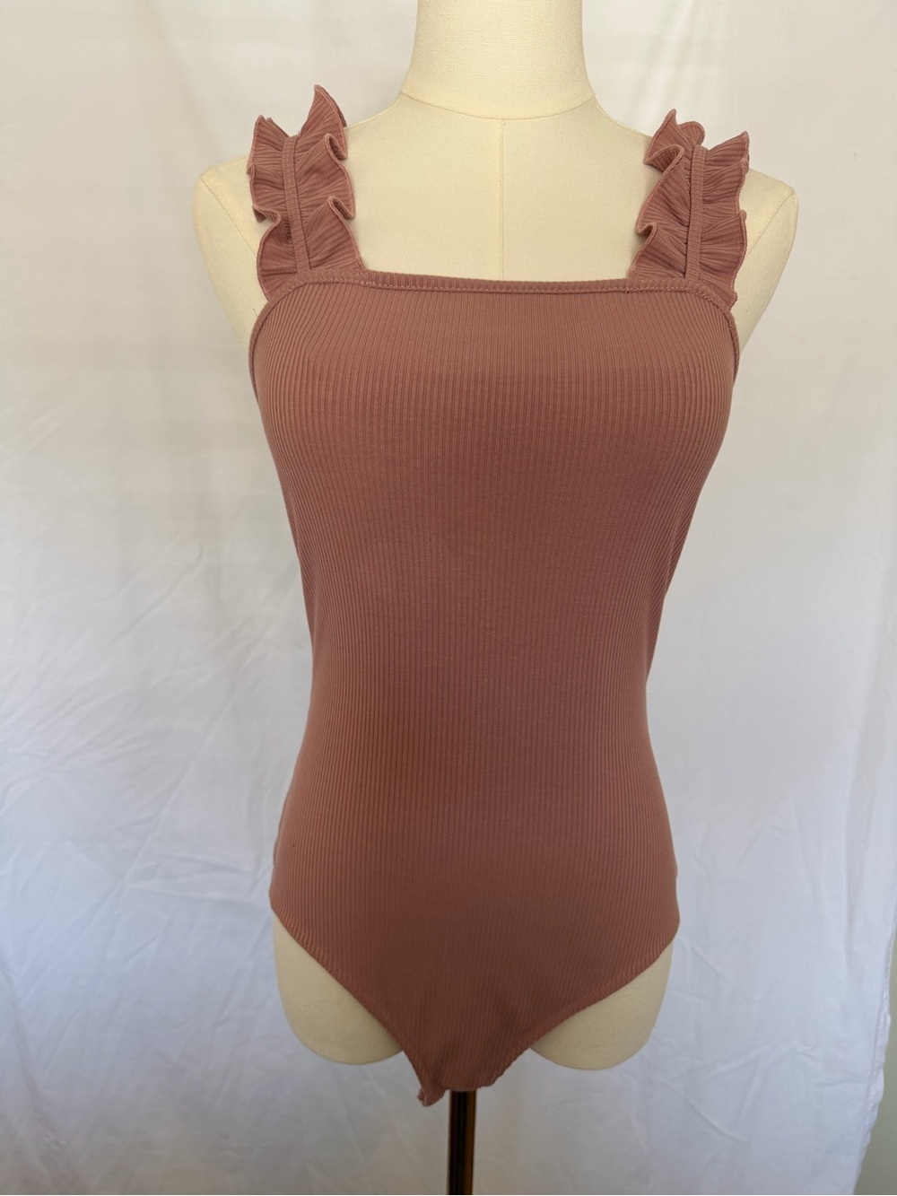 Kittenish Ruffled Strap Ribbed Bodysuit - Mauve Pink